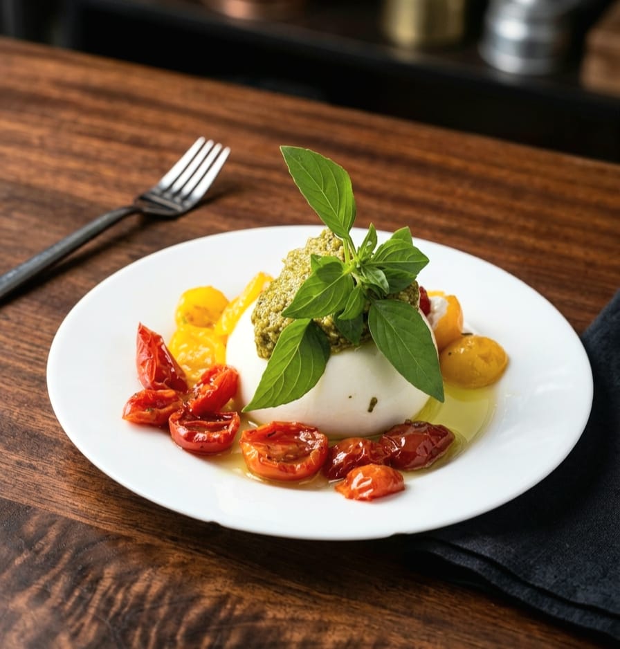 Burrata con tomates confitados